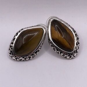 Large Tigers Eye Stamped Silver Tone Earrings